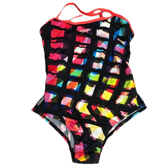 Speedo Endurance Crazy Check One Piece Swimsuit Crossback Front Lined Size 8 US - Picture 1 of 12